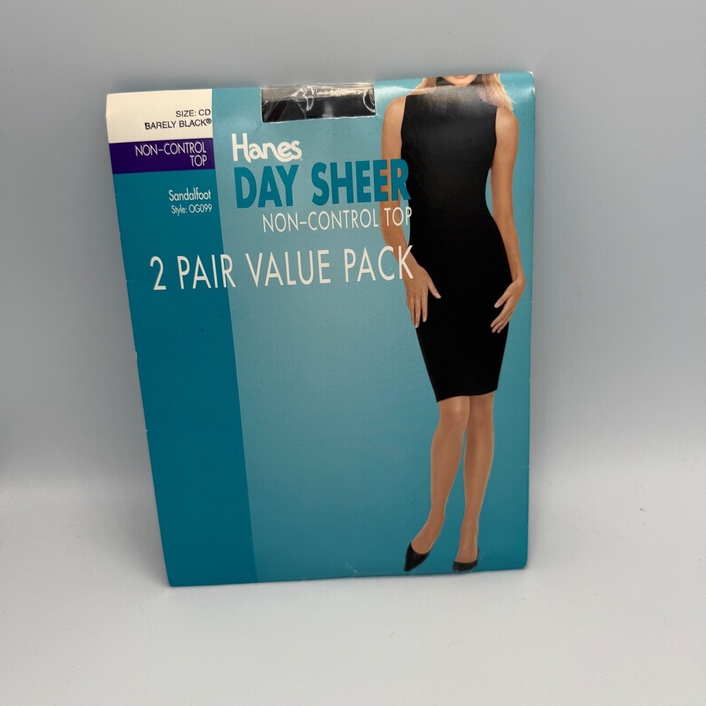 Hanes Day Sheer Non-Control Top Pantyhose 2 Pair Barely Black OG099 CD